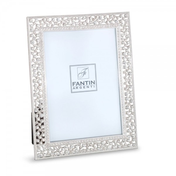 Porta foto in metallo argentato traforato con strass