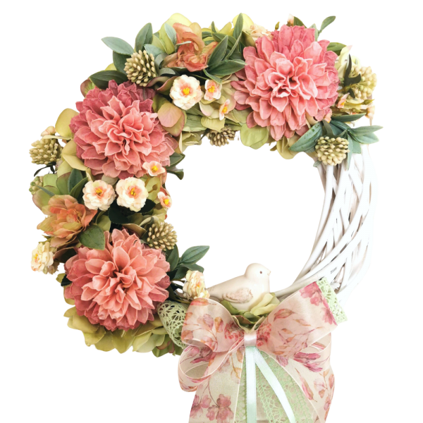 Ghirlanda con Dalie rosa e uccellino