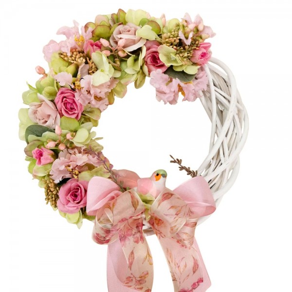 Ghirlanda Rosa e Verde con Uccellino
